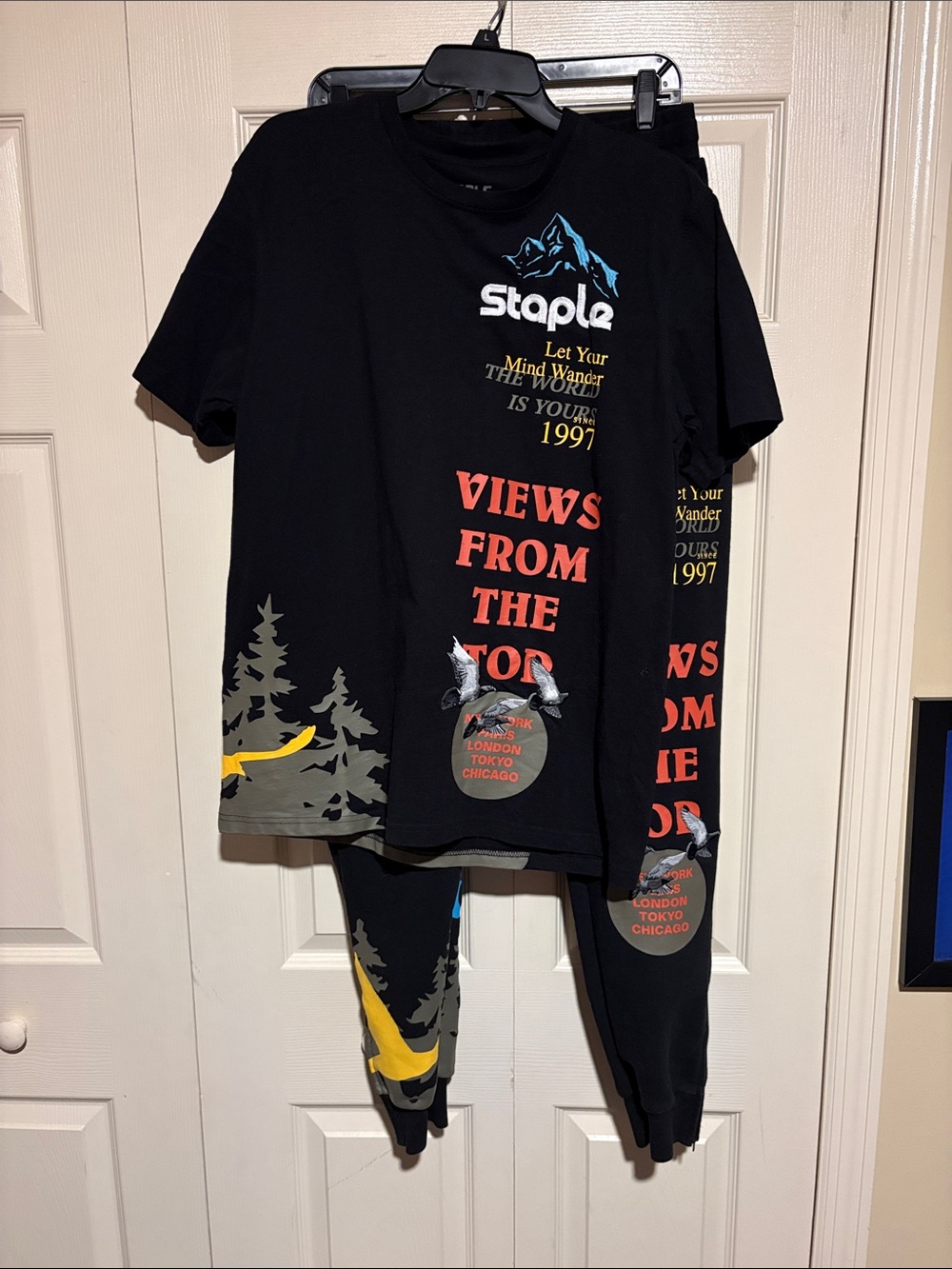 Staple Black Graphic Tee with Multicolor Prints and Staple Pants Set